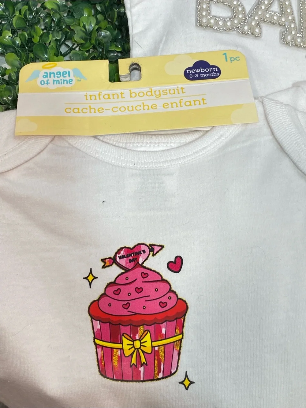 Infant White Bodysuit with Pink Cupcake Graphic up cycled